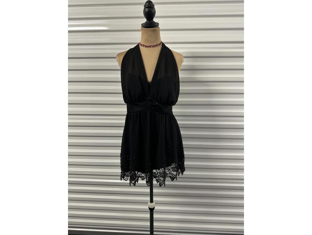 Vintage Black Halter Mini Dress with Beaded Hem – Size 8